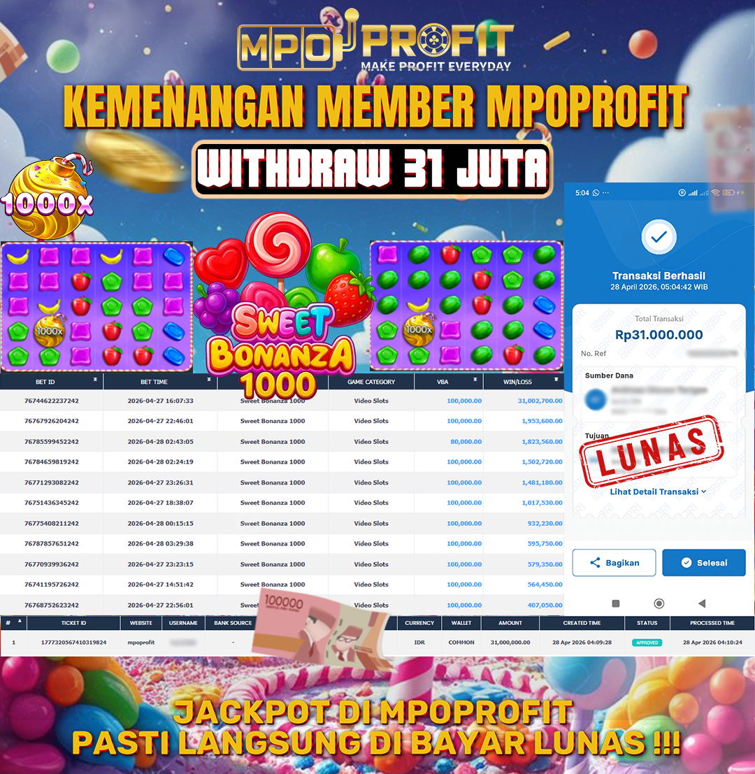 MPOPROFIT JACKPOT SLOT PRAGMATIC PLAY! KEMENANGAN MURNI DI (SWEET BONANZA 1000 TOTAL RP 31.000.000,- LUNAS)